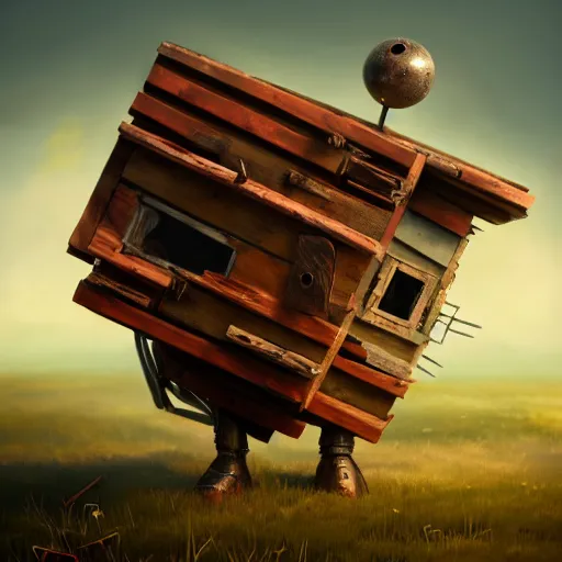 Image similar to a walking wood and metal house with two legs and two big eyes, rust, hyperrealistic, highly detailed, cinematic, single ray of sun, morning, pareidolia, gravity falls style, beautiful, cgssociety, artstation, 8 k, oil painting, digital art