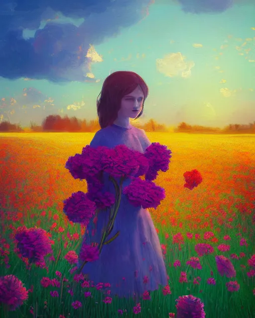 Image similar to girl with a giant carnation head, surreal photography, flower field, sunset dramatic light, impressionist painting, colorful clouds, blue sky, digital painting, artstation, simon stalenhag