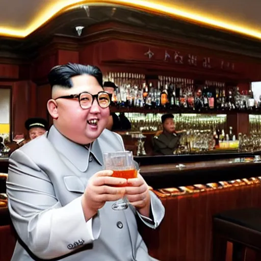 Prompt: kim jong - un having a drink in an ambient bar