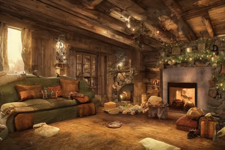 Image similar to wooden cottage, living room, elves sitting on the couch, traditional fireplace, concept art