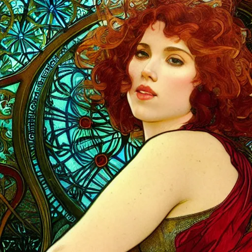 Prompt: scarlett johansson portrait by louis - theophile hingre and alphonse mucha, realistic, sharp focus, zodiac signs, tarot cards, planets, ethereal, art nouveau, magic, moon, sun, crown, dreamy, royal, jewellery