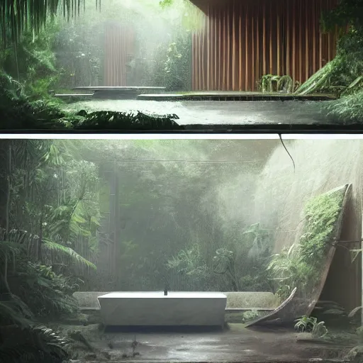 Prompt: exterior bathroom in the jungle designed by louis kahn, poetic architecture, greg rutkowski, digital painting, artstation