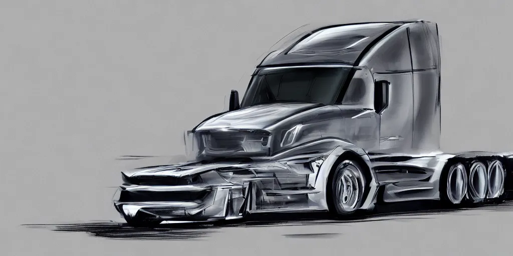 Prompt: a semi-truck with Ford Mustang GT 2021 front design. No background, concept art style.