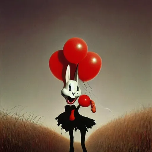 Image similar to painting of bugs bunny with a wide smile and a red balloon by Zdzisław Beksiński, loony toons style, pennywise style, corpse bride style, creepy lighting, horror theme, detailed, elegant, intricate, conceptual,