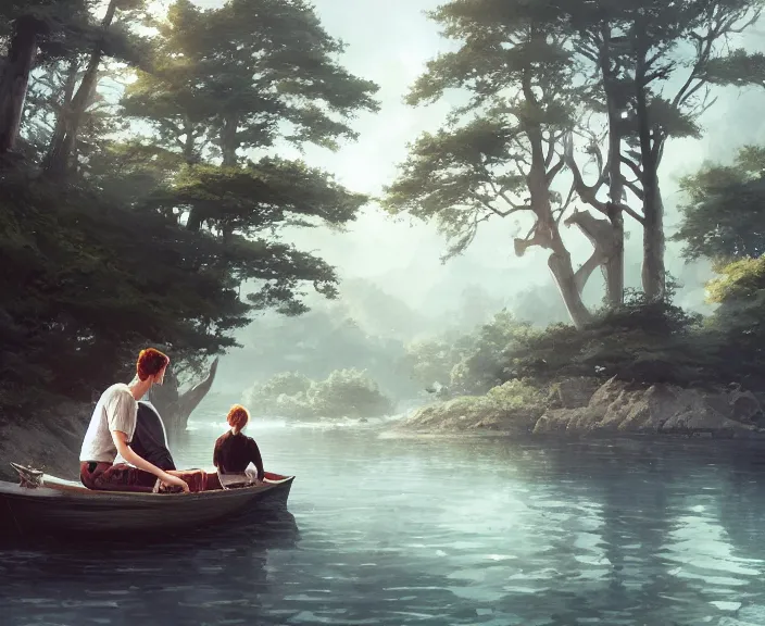 Image similar to a young man and young woman sitting together on one single boat. Romantic. Girl has auburn hair. Boy has short black hair. Narrow river in a forest, rocky shore, trees, shady, blue waters, ripples, waves, reflections, details, sharp focus, illustration, by Jordan Grimmer and greg rutkowski, Trending artstation, pixiv, digital art