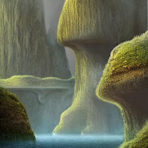 Image similar to digital art of a lush natural scene on an alien planet by michal klimczak ( shume ). extremely detailed. science fiction. beautiful landscape. weird vegetation. cliffs and water.