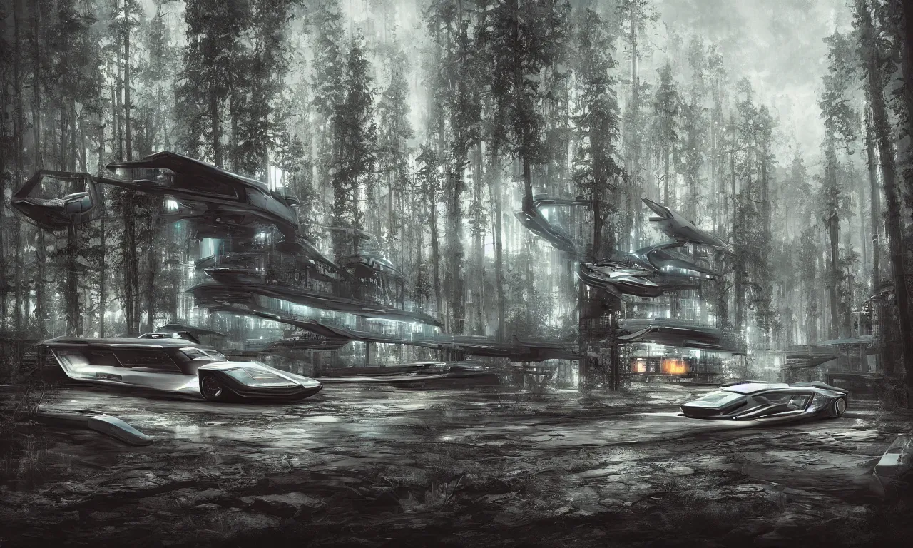 Image similar to Enterprise T-Kirk at Finnish forest lake, futuristic, cyberpunk, highly detailed, photorealistic, sharp focus, cinematic composition, cinematic lighting, detailed