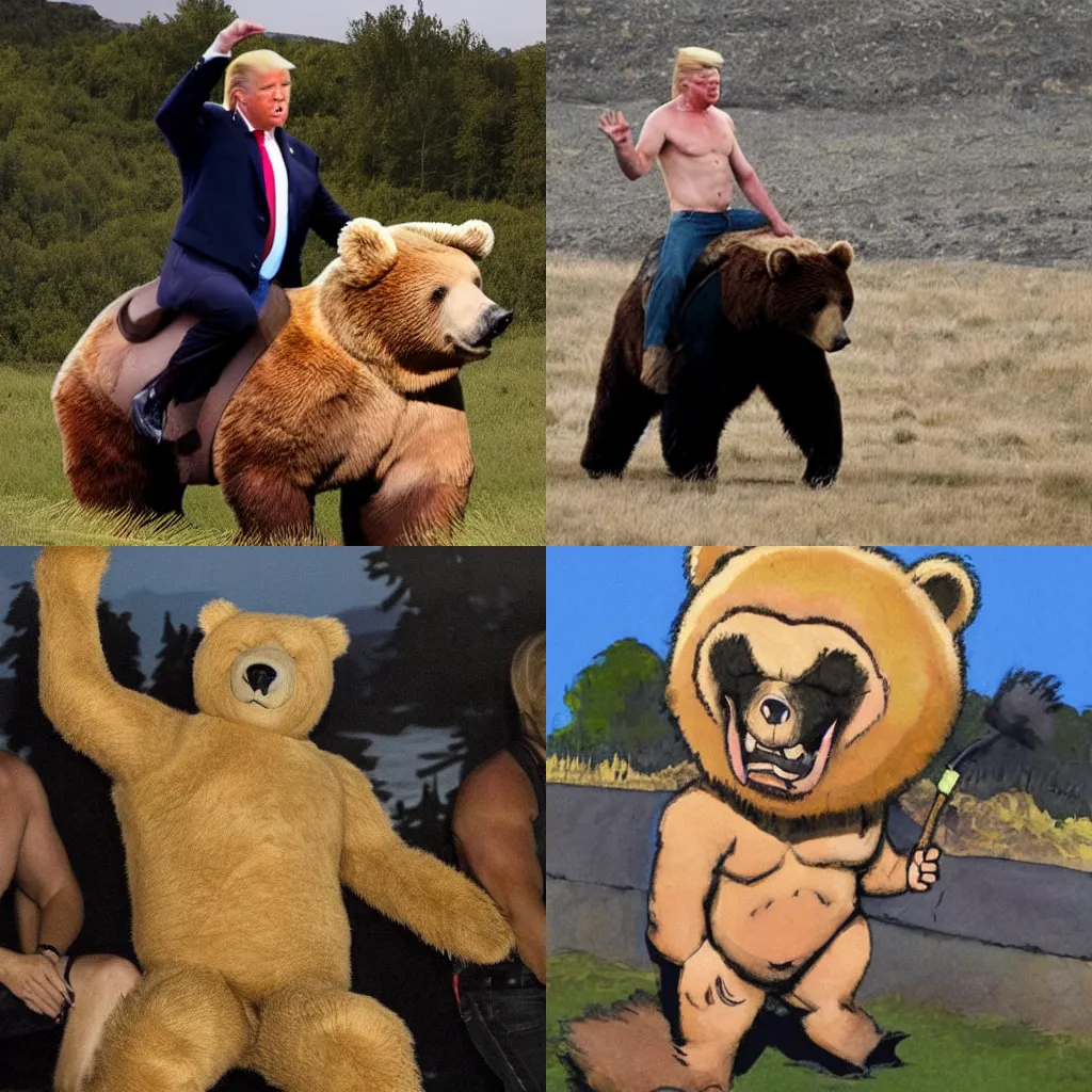 Prompt: Donalt trump riding a bear shirtless