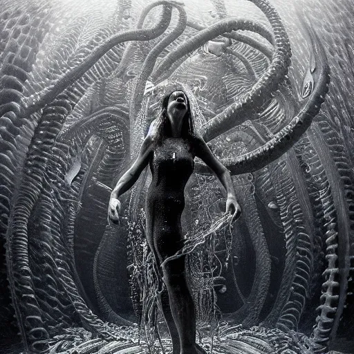 Image similar to By Jason deCaires Taylor, ultra realist soft painting of a fish and squid parade by night, beautiful dark eyed evil mermaid in full multiples tentacles bodysuit, symmetry accurate features, very intricate details, omnious underwater environment, black and white, volumetric light water