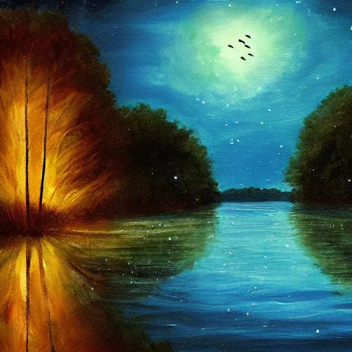 Prompt: lake, trees, night, fireflies glowing above water, painting, concept art,