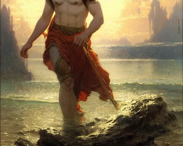 Image similar to attractive male wizard casting powerful wave water spell in a beautiful lake. highly detailed painting by gaston bussiere, craig mullins, j. c. leyendecker 8 k