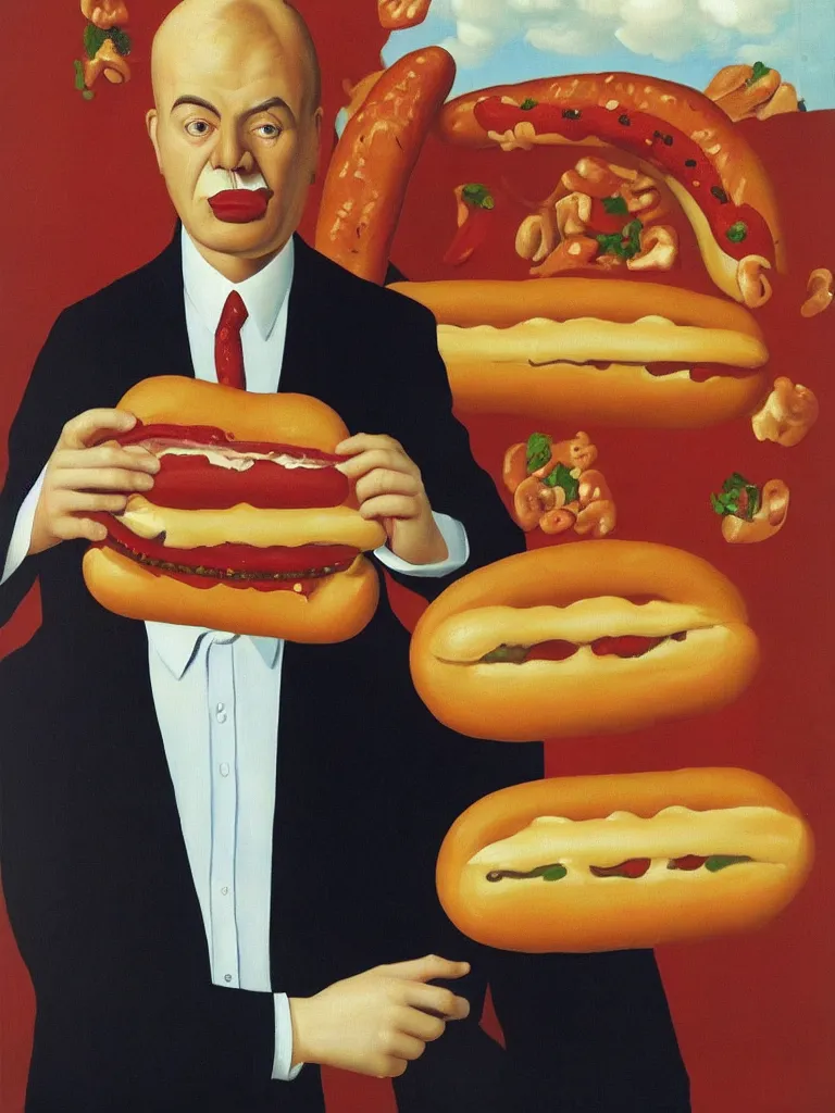 Image similar to Rene Magritte's Son Of Man painting with a hotdog blocking the face, but the man is a large hotdog in a suit and the hotdog has a man's face on it