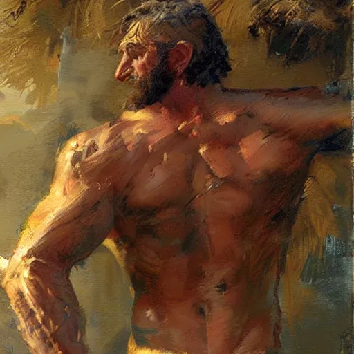 Image similar to a man with a hairy shredded body type, painting by Gaston Bussiere, Craig Mullins