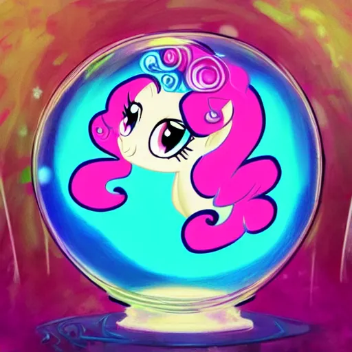 Image similar to Pinkie Pie 💓🐴 trapped inside a crystal ball 🔒🔮 🎨🖌️