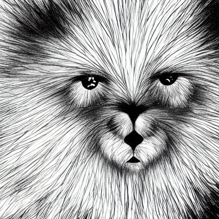 Prompt: a still frame from comic strip girl white fluffy hairy fur face, symmetrical, skin is made of white fluffy hairs, eyes made of snowflakes, close up 1 9 9 0, new yorker illustration, monochrome contrast bw, lineart, manga