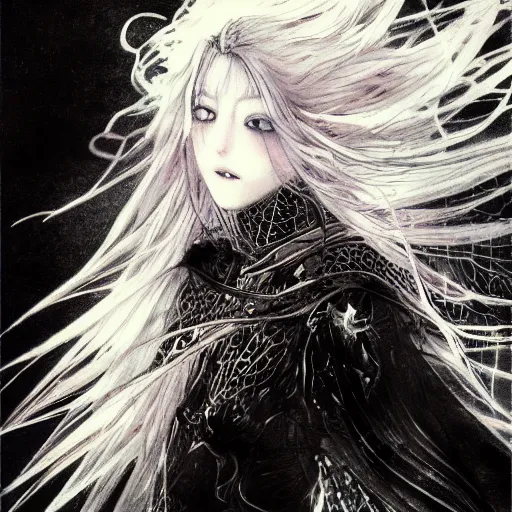 Image similar to Yoshitaka Amano blurred and dreamy illustration of an anime girl with wavy white hair fluttering in the wind and cracks on her face wearing elden ring armour with the cloak, abstract black and white patterns on the background, noisy film grain effect, highly detailed, Renaissance oil painting, weird portrait angle