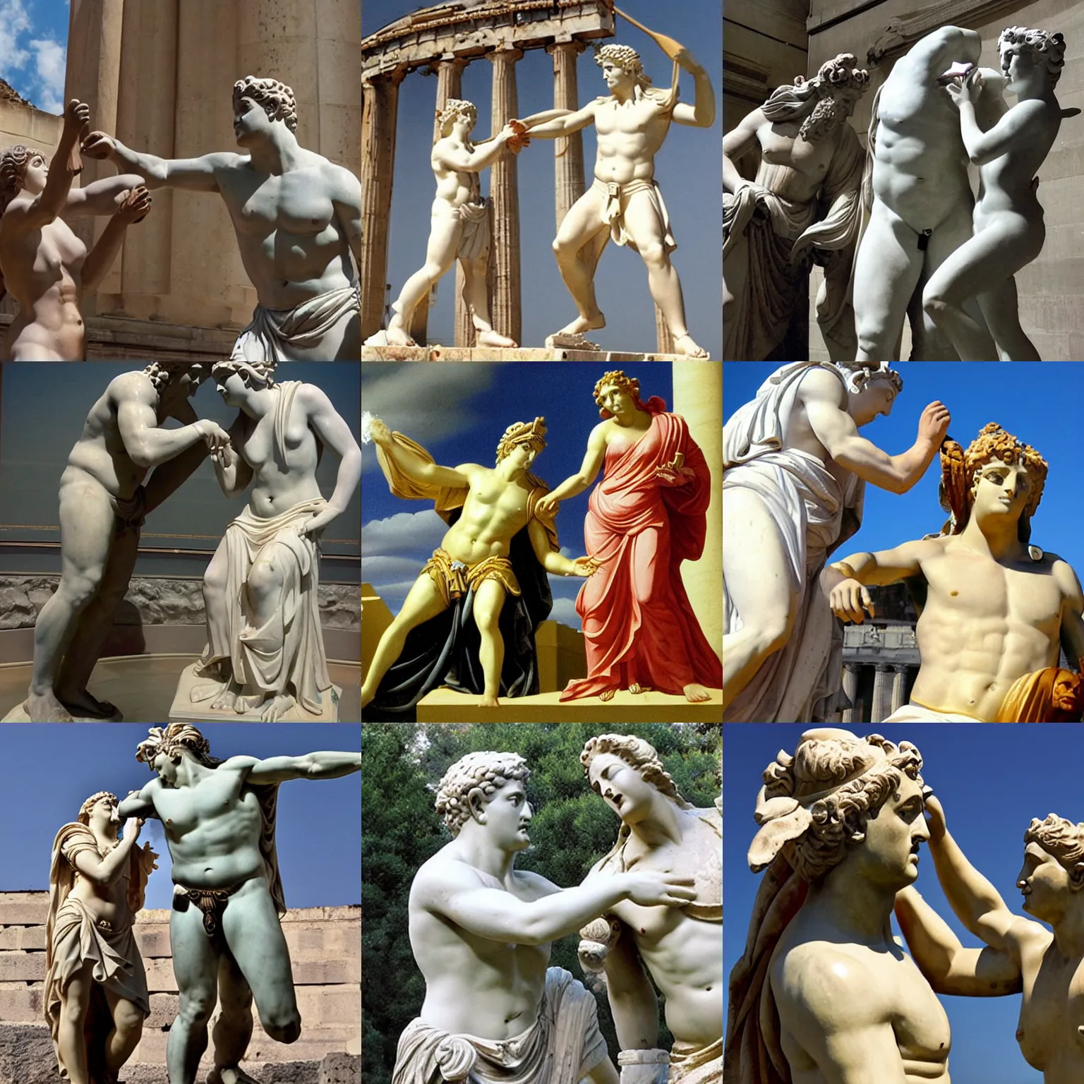 Prompt: greek statue of hera slapping greek statue of zeus in the face
