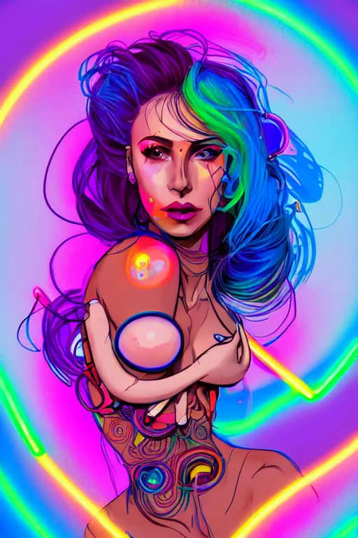 Image similar to a award winning portrait of a beautiful woman with stunning eyes in a one off shoulder crop top and cargo pants with rainbow colored hair, outlined by whirling illuminated neon lines and fine lines swirling in circles by greg tocchini, digital art, trending on artstation