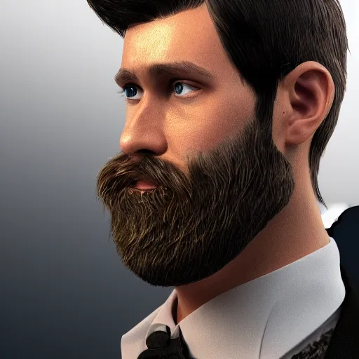 Image similar to a highly detailed portrait of a man, with a brown short beard and hair, blue eyes, wearing a tuxedo, artstation, deviantart, professional, unreal engine 5, photorealistic