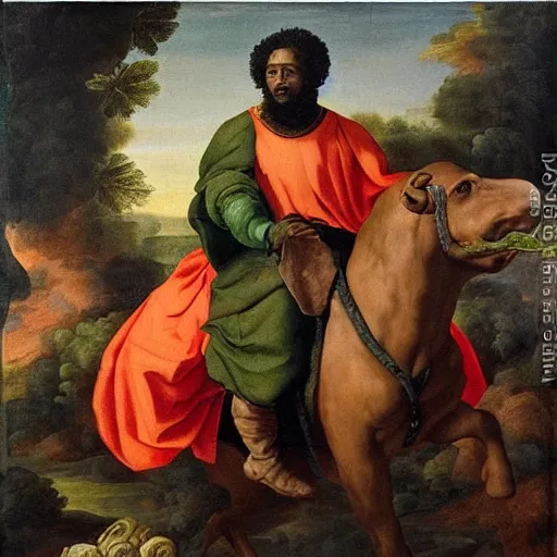 Image similar to black man with afro hair wearing an army green cloak, riding!!! an orange!! bull!!!, renaissance style painting