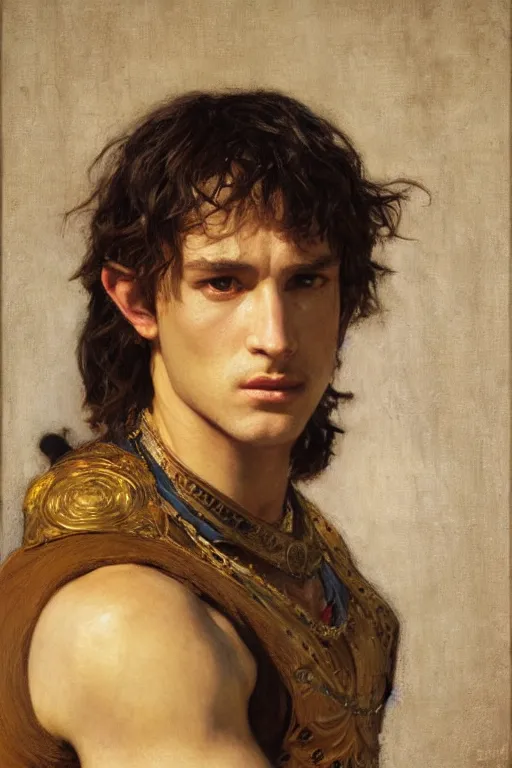 Image similar to attractive male, the lord of the rings, orientalist intricate portrait by john william waterhouse and edwin longsden long and theodore ralli and nasreddine dinet, hyper realism, dramatic lighting