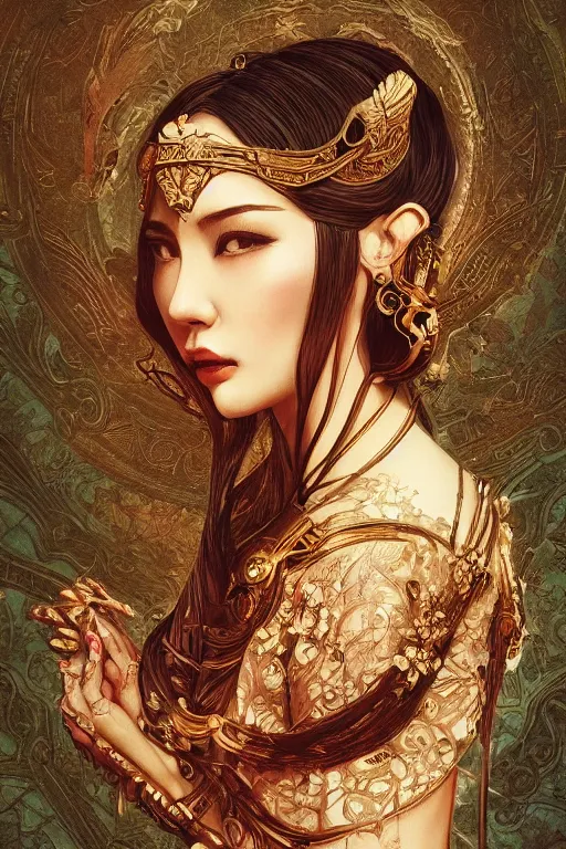 Image similar to intricate, amazing, retro vintage and romanticism, painting by natelle quek, soft color palette, cinematic, highly detailed, godess from space sci - fi of ancient religion