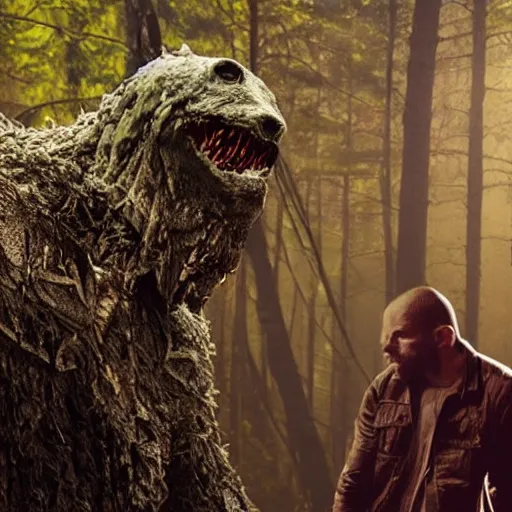 Prompt: a creepy monstrous skinwalker fights paul walker, professional photography