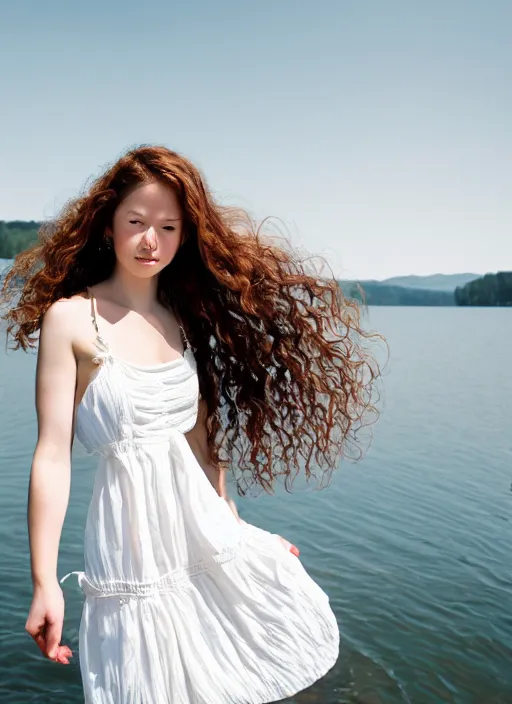 Image similar to photo, extreme long shot, woman posing, short wavy hair, round face, intricate white dress, lakeside, cottagecore!!, intricate, enlightened, highly detailed, smooth, sharp focus, inspired by artgerm, by marat safin, and alphonse mucha