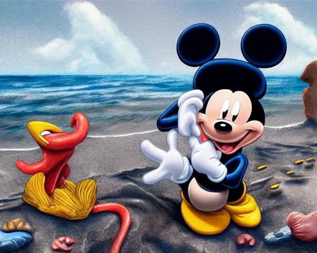 Prompt: Mickey mouse sitting next to terrifying sea creatures on a creepy beach, digital art, by Daniel Conway, super detailed, artstation