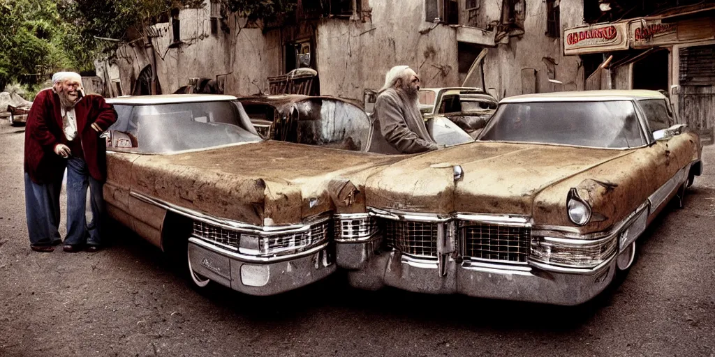 Image similar to a widescreen photo of a old cadillac full with old laughing happy old men with long hair, long beards, low light, by steve mccurry