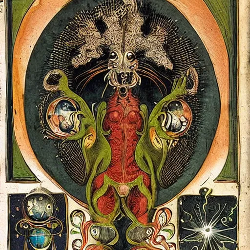 Image similar to furry freaky creature sings a unique canto about'as above so below'being ignited by the spirit of haeckel and robert fludd, breakthrough is iminent, glory be to the magic within, style of grotesques from medieval illuminated manuscripts