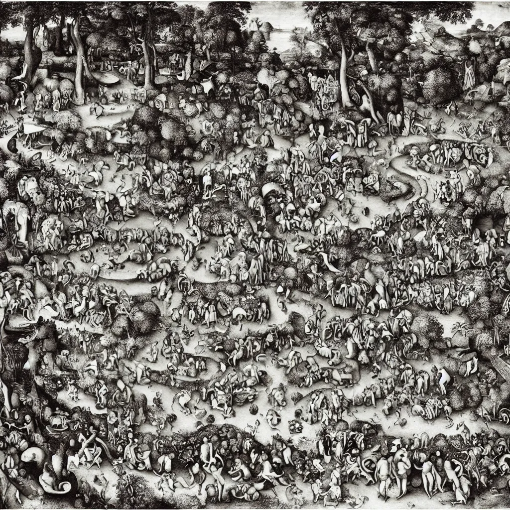 Prompt: garden of eden fountain highly detailed print by pieter bruegel