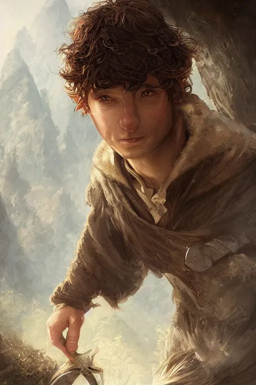 Prompt: A beautiful digital painting of a male hobbit ranger, intricate, cinematic lighting, highly detailed, digital painting, Artstation, concept art, smooth, sharp focus, illustration, art by Tom Bagshaw, Artgerm and Greg Rutkowski