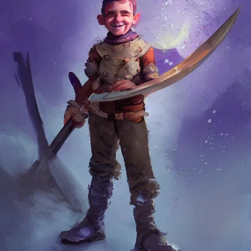 Prompt: male halfling youth adventurer with purple skin, by Ismail Inceoglu, wearing leather adventuring clothes, shabby, short, kid, bald, wielding knife, happy grin, character portrait closeup, digital art, dungeons and dragon, character