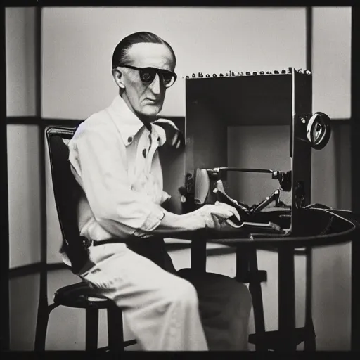 Image similar to Kodachrome portrait of Marcel Duchamp with an technologival machine, archival pigment print in the style of Hito Steyerl, studio shooting, contemporary art