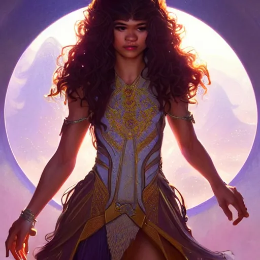 Image similar to Zendaya as a fantasy princess, D&D, fantasy, intricate, elegant, highly detailed, digital painting, artstation, concept art, matte, sharp focus, illustration, art by Artgerm and Greg Rutkowski and Alphonse Mucha