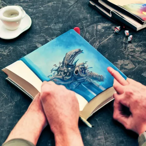 Image similar to a people trying to grab a masterpiece book on a table, sci-fi style, concept art