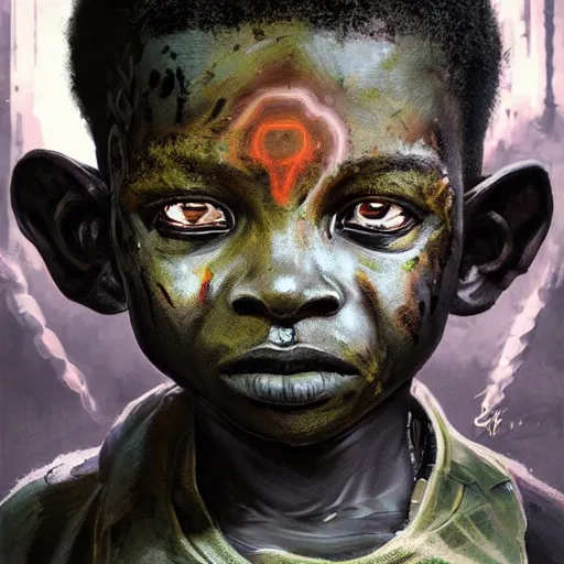 Prompt: a dark and ominous cyborg african child soldier with glowing eyes and facial scarification marks, Apex Legends character digital illustration portrait design, by android jones and greg rutkowski in a cyberpunk voodoo style, detailed, cinematic lighting, wide angle action dynamic portrait