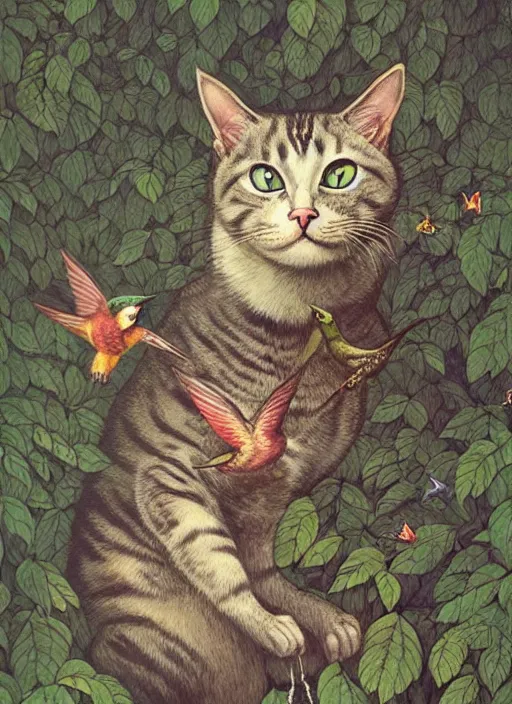 Image similar to a hyper realistic illustrated cat with playing with a hummingbird on its paw in the woods gorgeous lighting, k _ lms lush forest foliage painting by chiara bautista and beksinski and norman rockwell and greg rutkowski weta studio, and lucasfilm