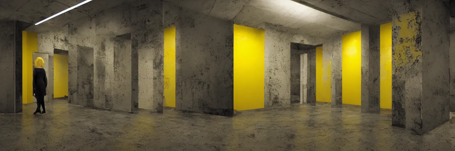 Image similar to a tall black skinny, intelligent and menacing monster is roaring from behind a wall in a cramped empty liminal office hallway with dull yellow wallpaper and old moist yellow carpet, tilted frame, intricate, fluorescent lighting lit from above, ultra 4k, intricate, realistic