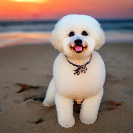 Image similar to a closeup photorealistic photograph of panda themed white bichon frise smiling on the beach at sunset. This 4K HD image is Trending on Artstation, featured on Behance, well-rendered, extra crisp, features intricate detail and the style of Unreal Engine.
