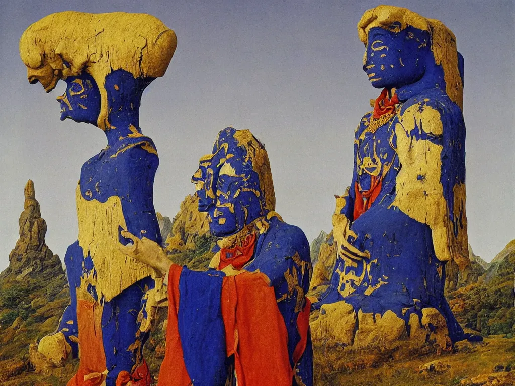 Image similar to Albino mystic with his back turned, looking in the distance at giant totemic archaic sculpture mask Tibetan temple made from Lapis Lazuli. Painting by Jan van Eyck, Audubon, Caspar David Friedrich, Rene Magritte, Agnes Pelton, Max Ernst, Walton Ford