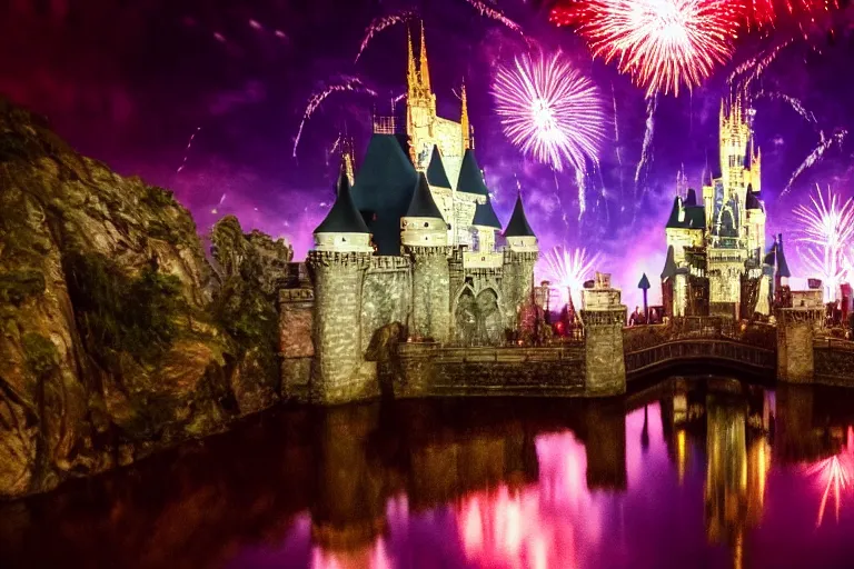 Prompt: Dracula\'s Castle inside Disney World at night, sky with fabulous fireworks, Gothic, ultra realistic, dramatic light, 4k