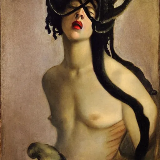 Prompt: Marjorie Taylor Greene painted as Medusa by Caravaggio