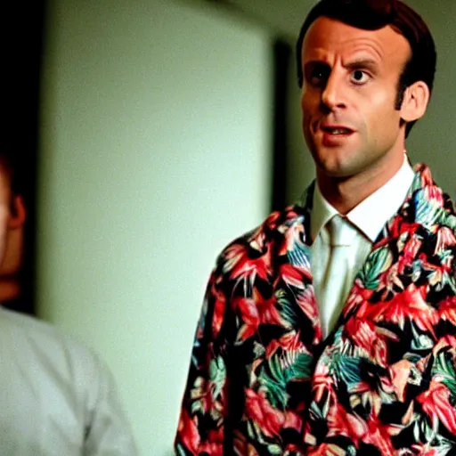 Image similar to Emmanuel Macron wearing Hawaiian shirt in American Psycho (1999)