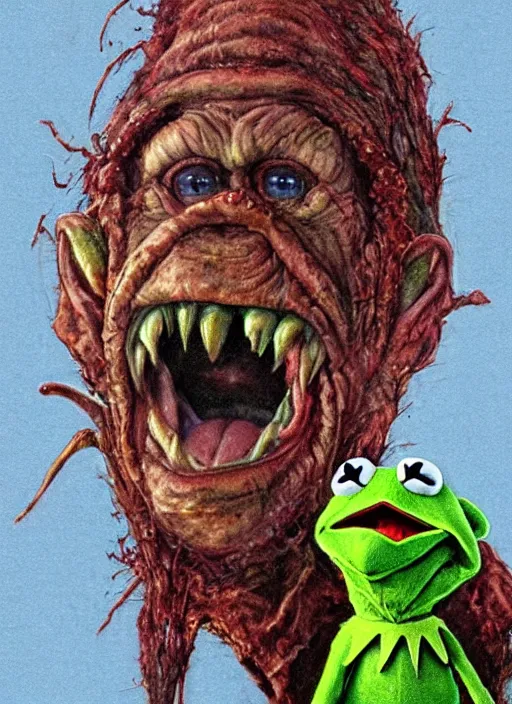 Image similar to portrait of Evil and screaming Kermit the frog in The Thing (1982) highly detailed, centered, solid color background, digital painting, artstation, concept art, smooth, sharp focus, illustration, artgerm, donato giancola, Joseph Christian Leyendecker, Les Edwards, Ed Repka, WLOP, Artgerm