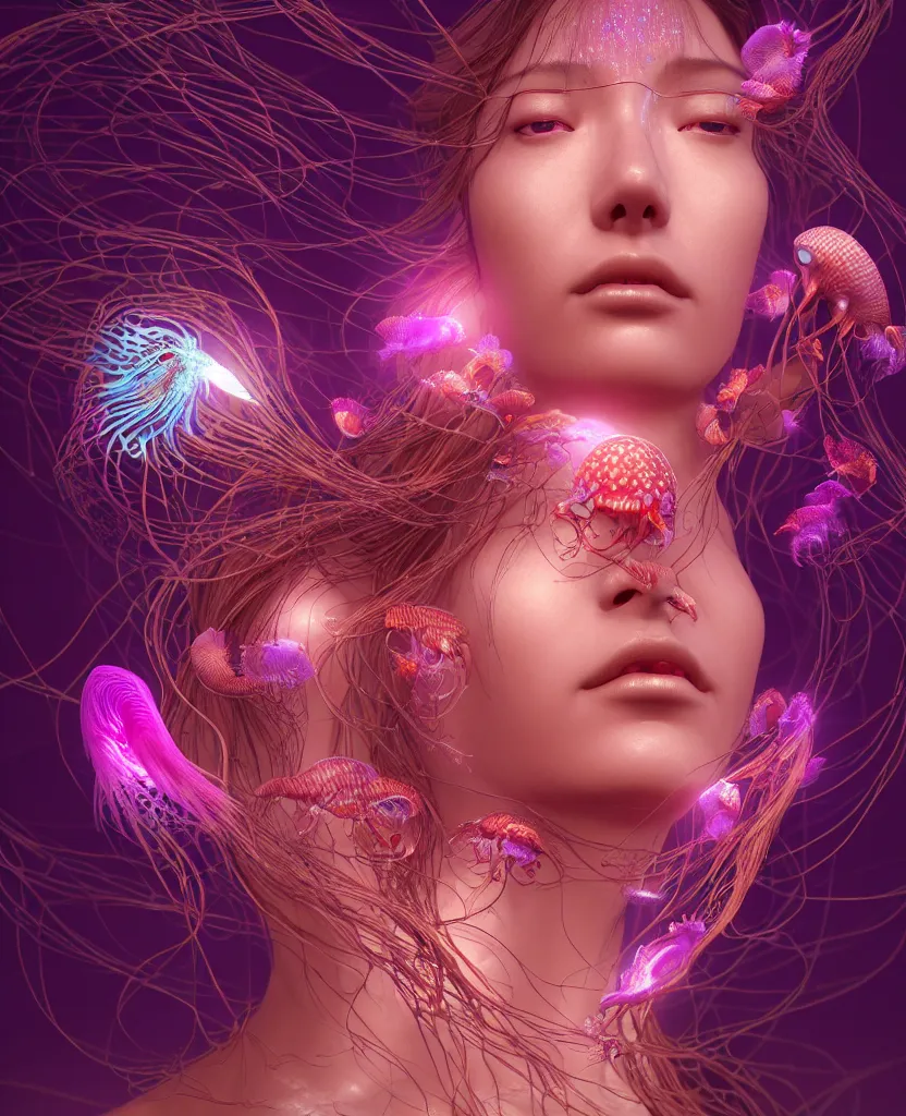 Image similar to goddess close-up portrait. jellyfish phoenix head, nautilus, orchid, skull, betta fish, bioluminiscent creatures, intricate artwork by Tooth Wu and wlop and beeple. octane render, trending on artstation, greg rutkowski very coherent symmetrical artwork. cinematic, hyper realism, high detail, octane render, 8k