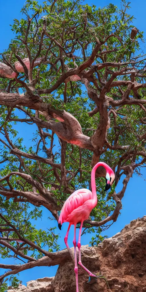 Image similar to a flamingo with 8 legs climbing a tree between the ruins of atlantis 4 k