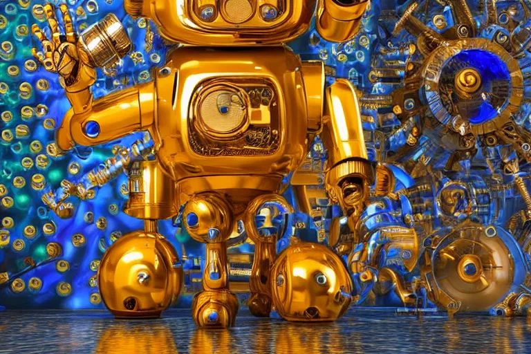 Prompt: portrait photo of a giant huge golden and blue metal steampunk robot, robot is a bubble machine, soapbubbles coming out of the machine, with gears and tubes, eyes are glowing red lightbulbs, shiny crisp finish, 3 d render, 8 k, insaneley detailed, fluorescent colors, background is multicolored lasershow