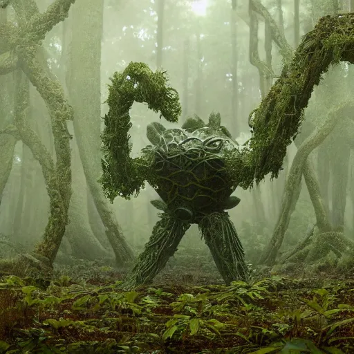 Image similar to a complex organic fractal 3 d metallic symbiotic ceramic humanoid megastructure creature in a swampy lush forest, foggy, cinematic shot, photo still from movie by denis villeneuve, wayne barlowe